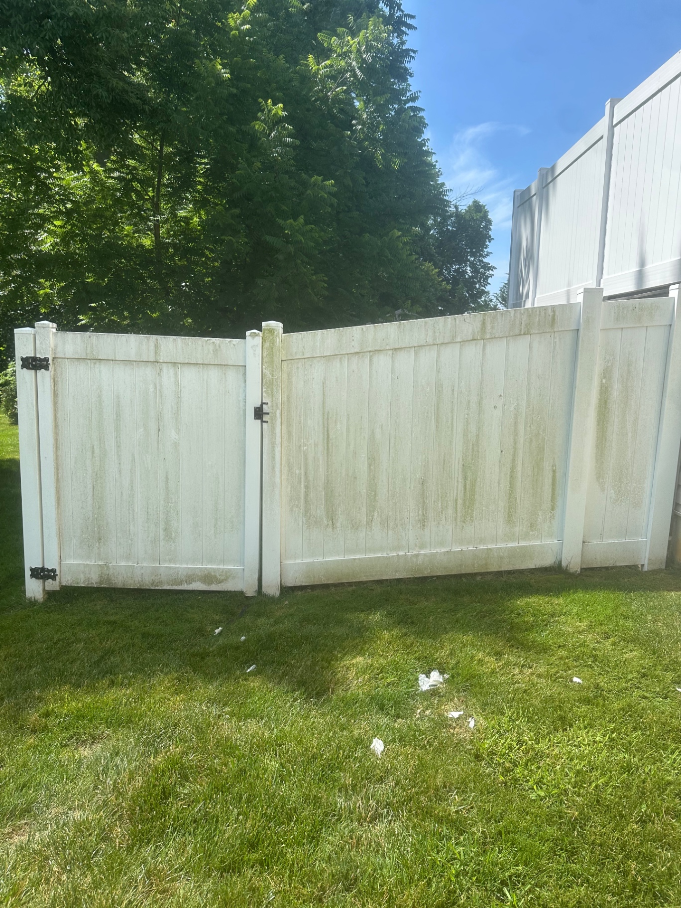 Dirty vinyl fence before pressure washing